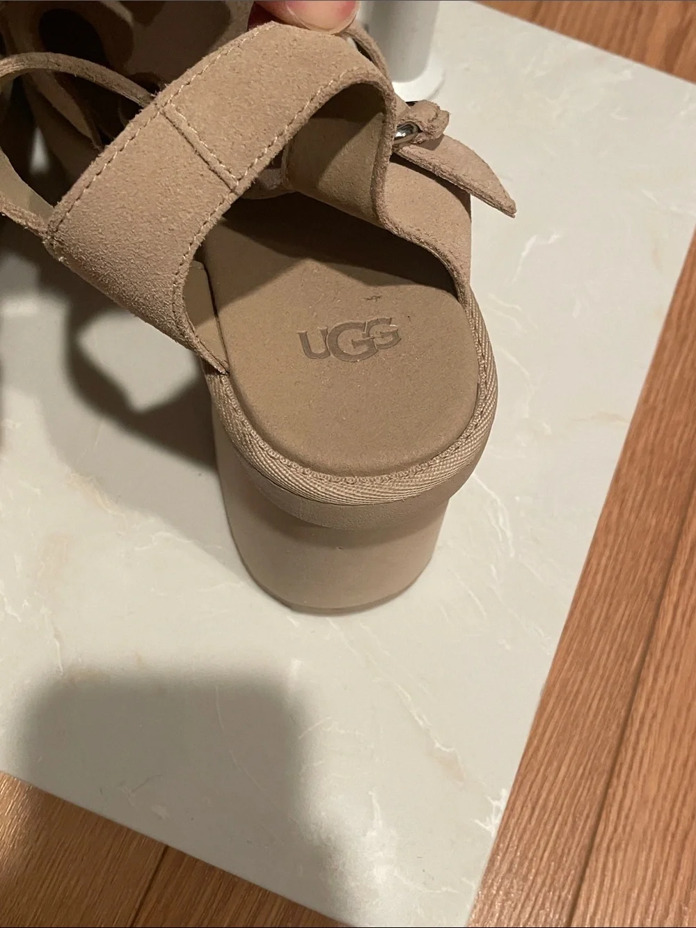 UGG Women's New Heights Beige Suede Platform T-Strap Sandals - 10 - Picture 8 of 8